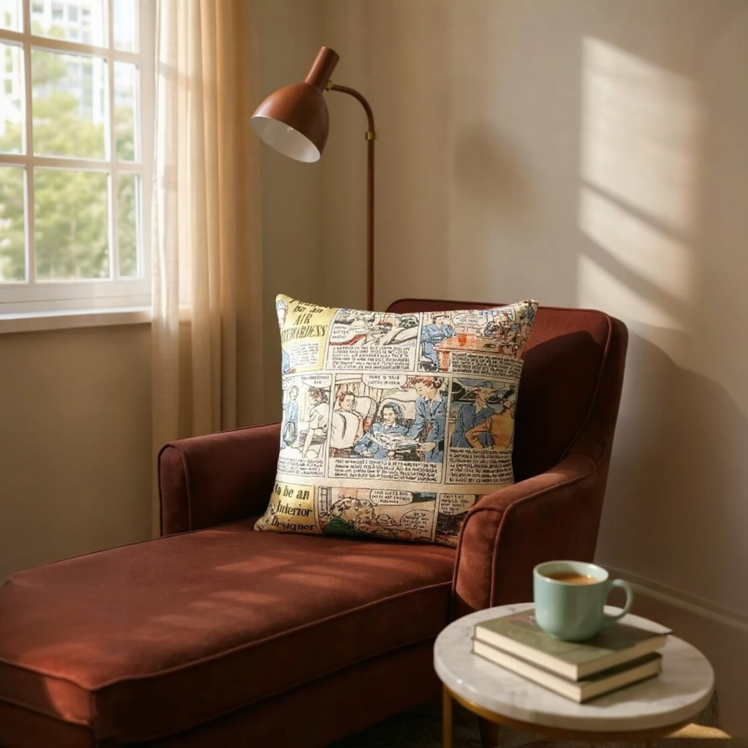 Andrew Martin comic print cushion reversible with grey velvet backing, 40x40cm, sustainable home décor.