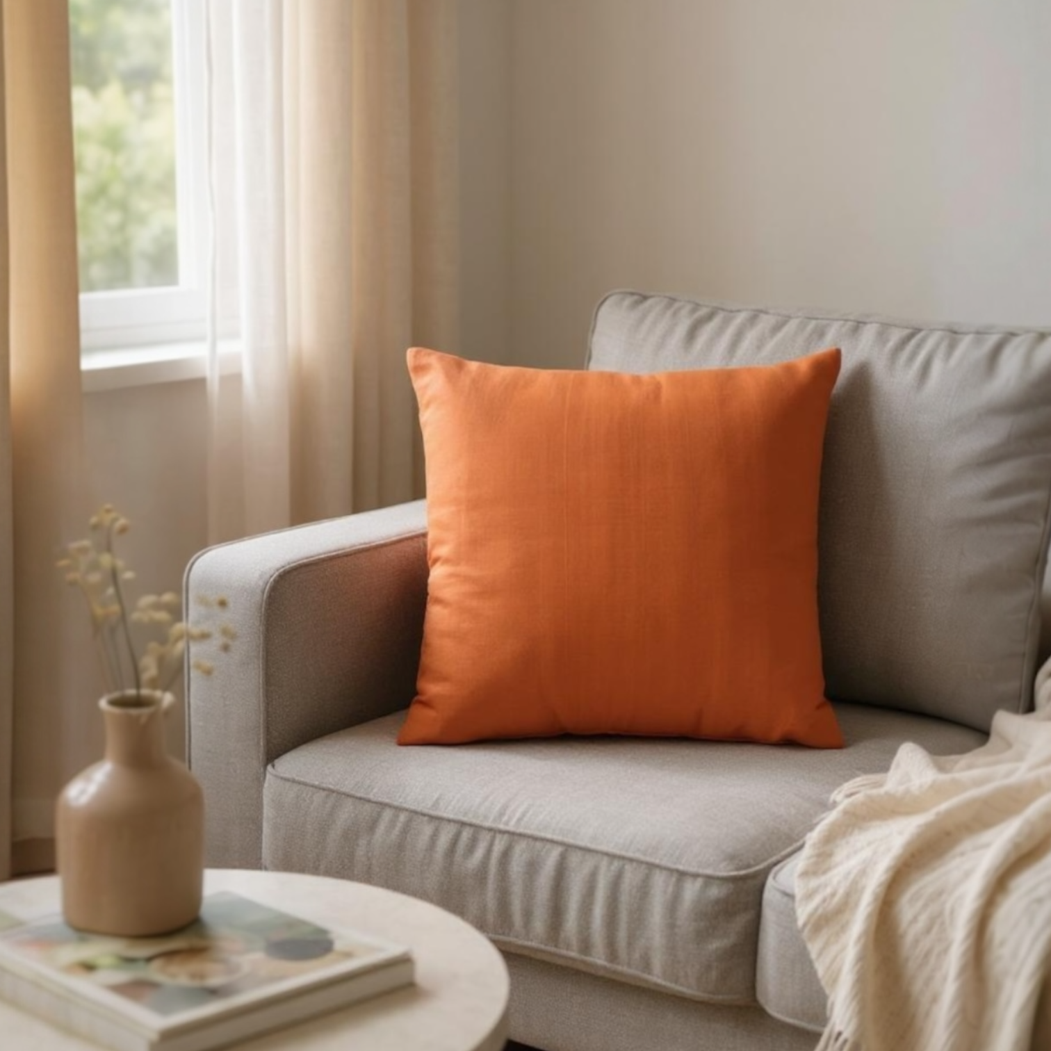 Grey & Orange Embroidered Paisley Silk Cushion, Reversible, 40x40cm