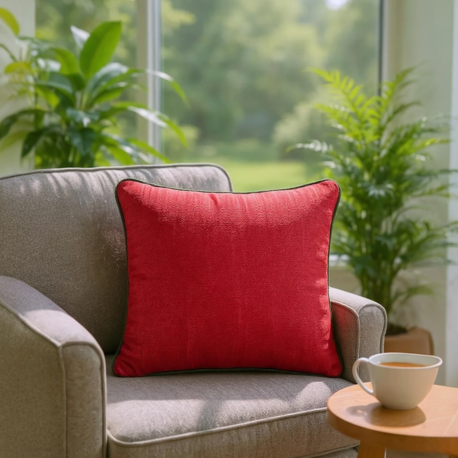 Textured Red Cushion Cover with Green Piping - 40x40cm