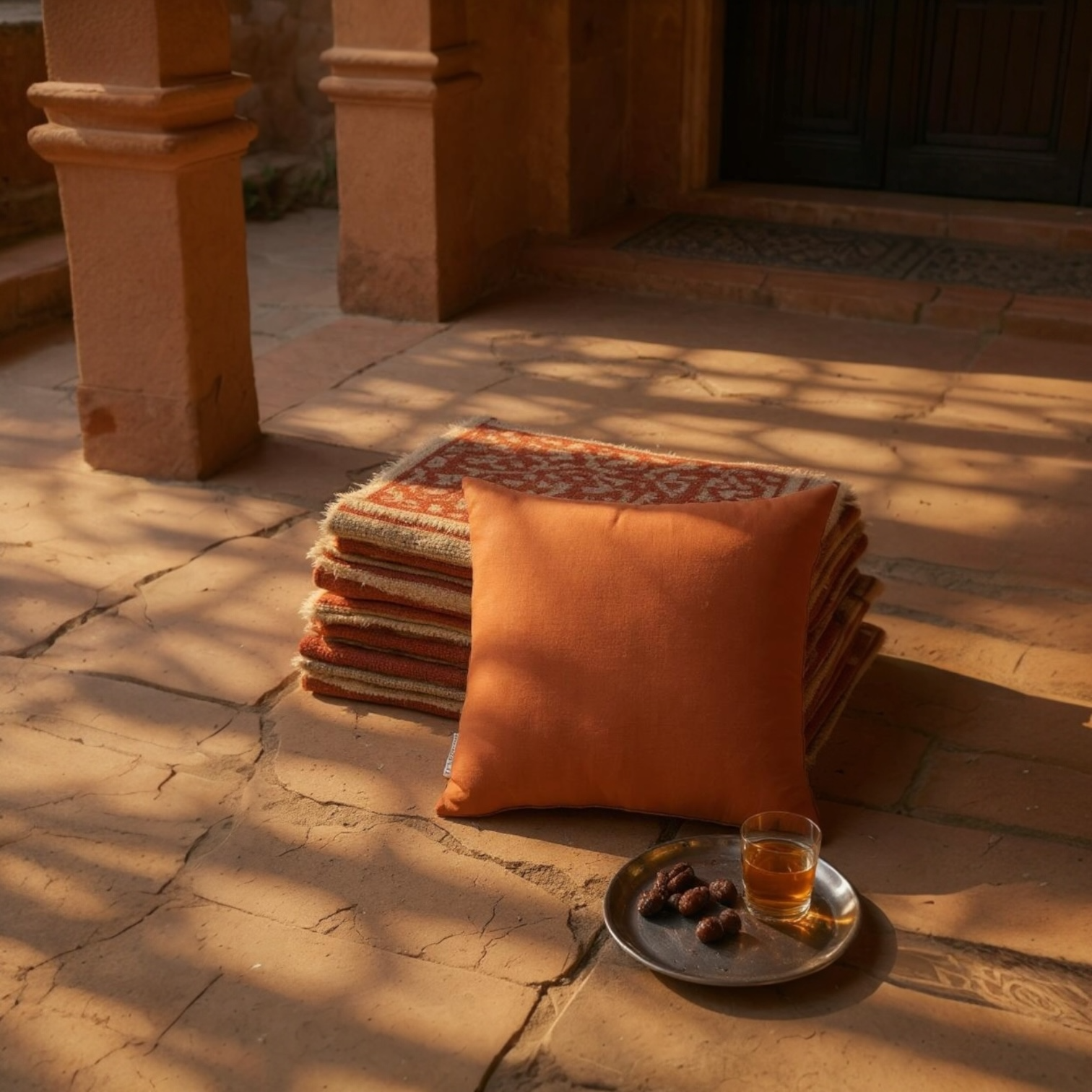 Grey & Orange Embroidered Paisley Silk Cushion, Reversible, 40x40cm