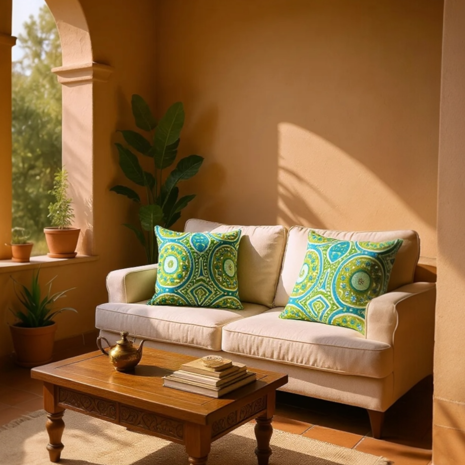 Large sustainable embroidered cushion with green and blue geometric design on linen, reversible wool back, 65x65cm floor cushion.