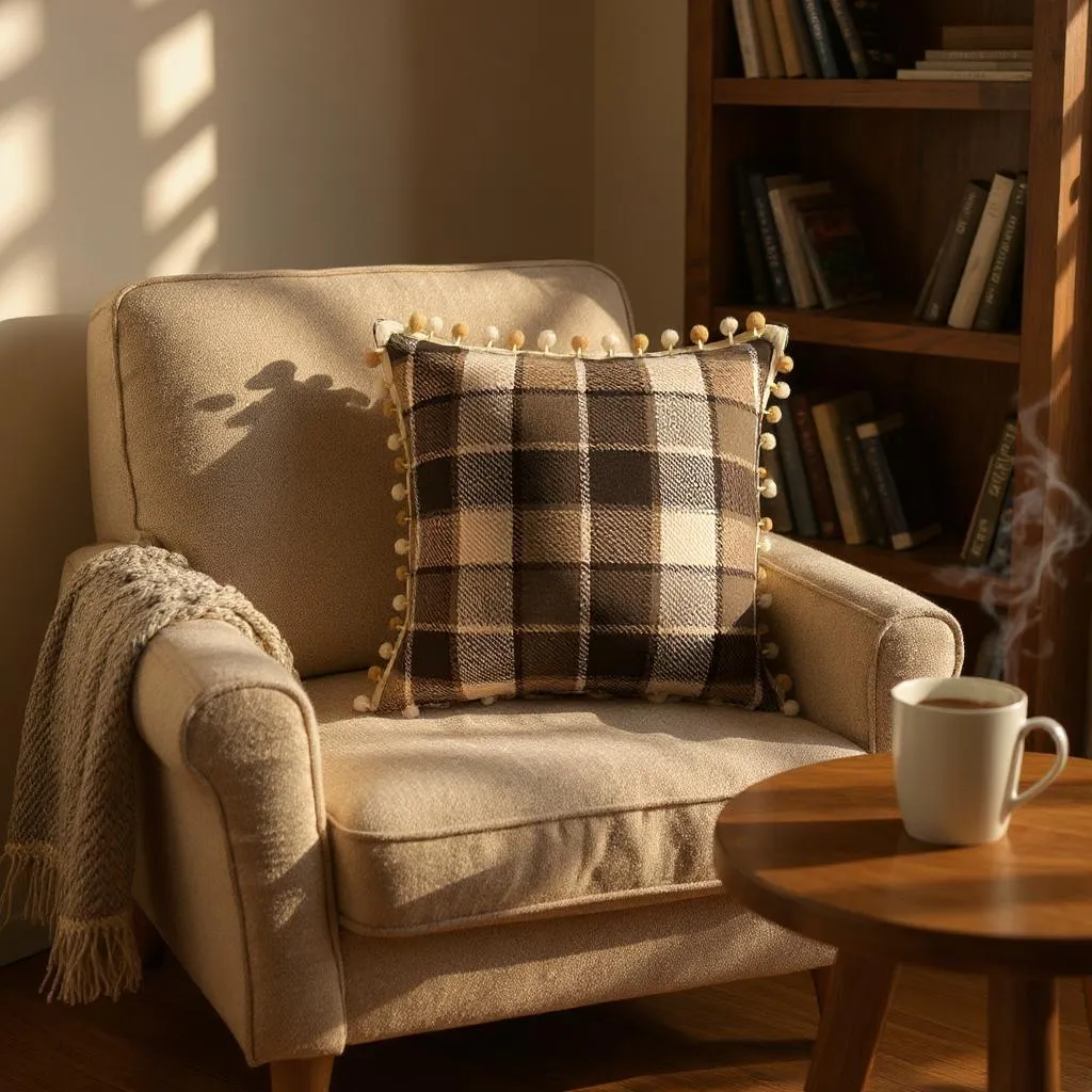 Brown & Cream Check with Pom Pom Trim Cushion, Reversible - 50x50cm
