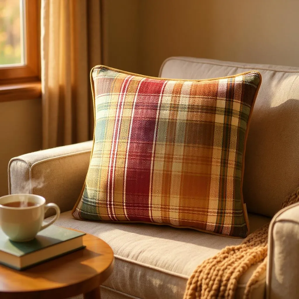 Checked Multicoloured Herringbone Linen Cushion, Reversible - 40x40cm