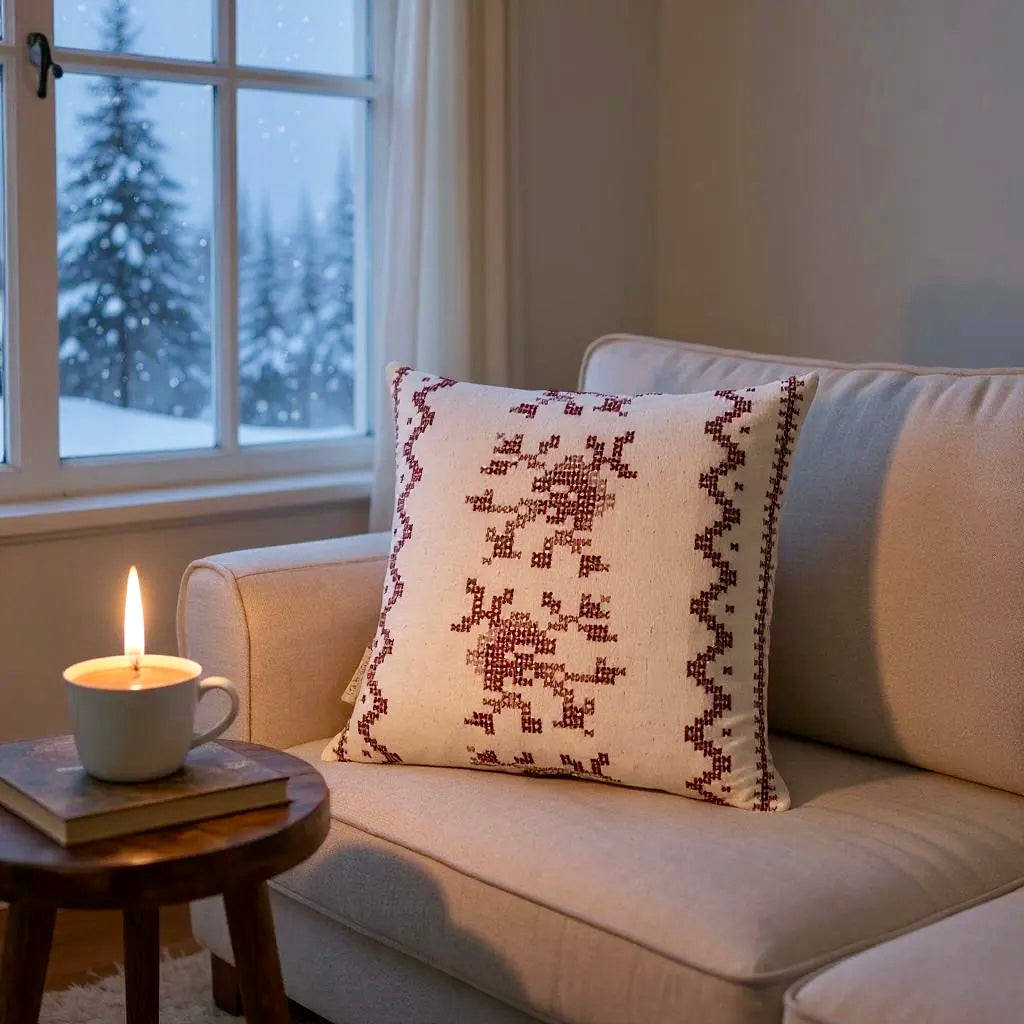 Red & Cream Deer Motif Cushion, Reversible - 35x35cm