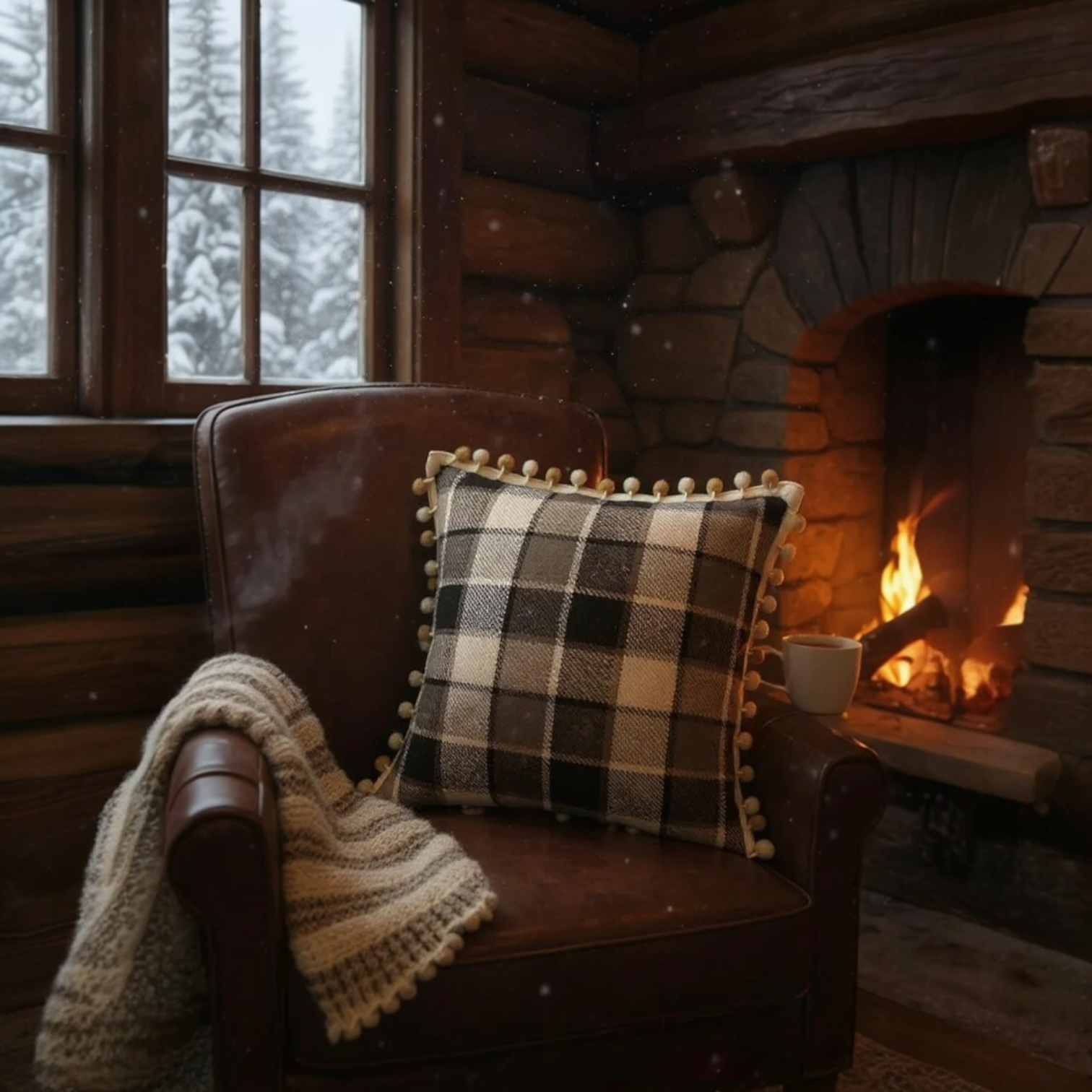 Brown & Cream Check with Pom Pom Trim Cushion, Reversible - 50x50cm