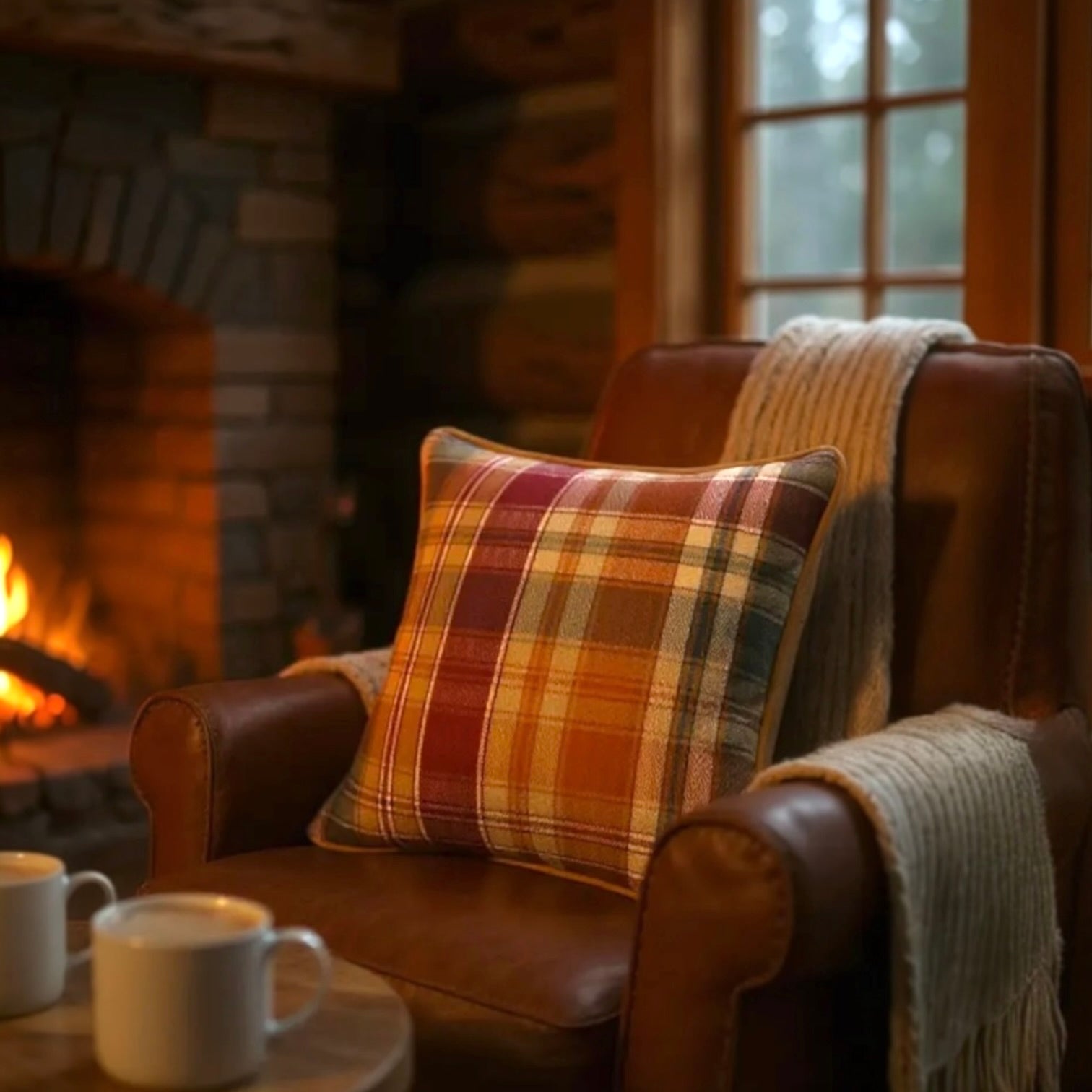 Checked Multicoloured Herringbone Linen Cushion, Reversible - 40x40cm