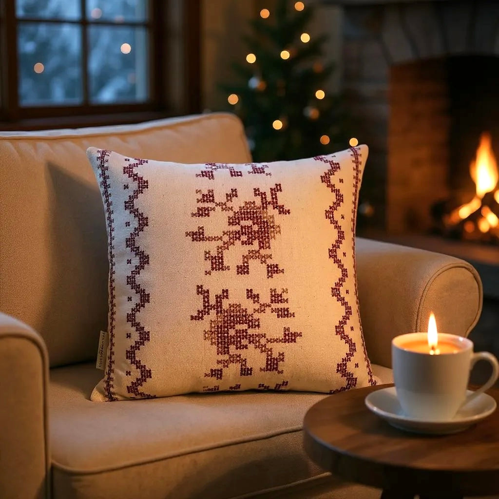 Red & Cream Deer Motif Cushion, Reversible - 35x35cm