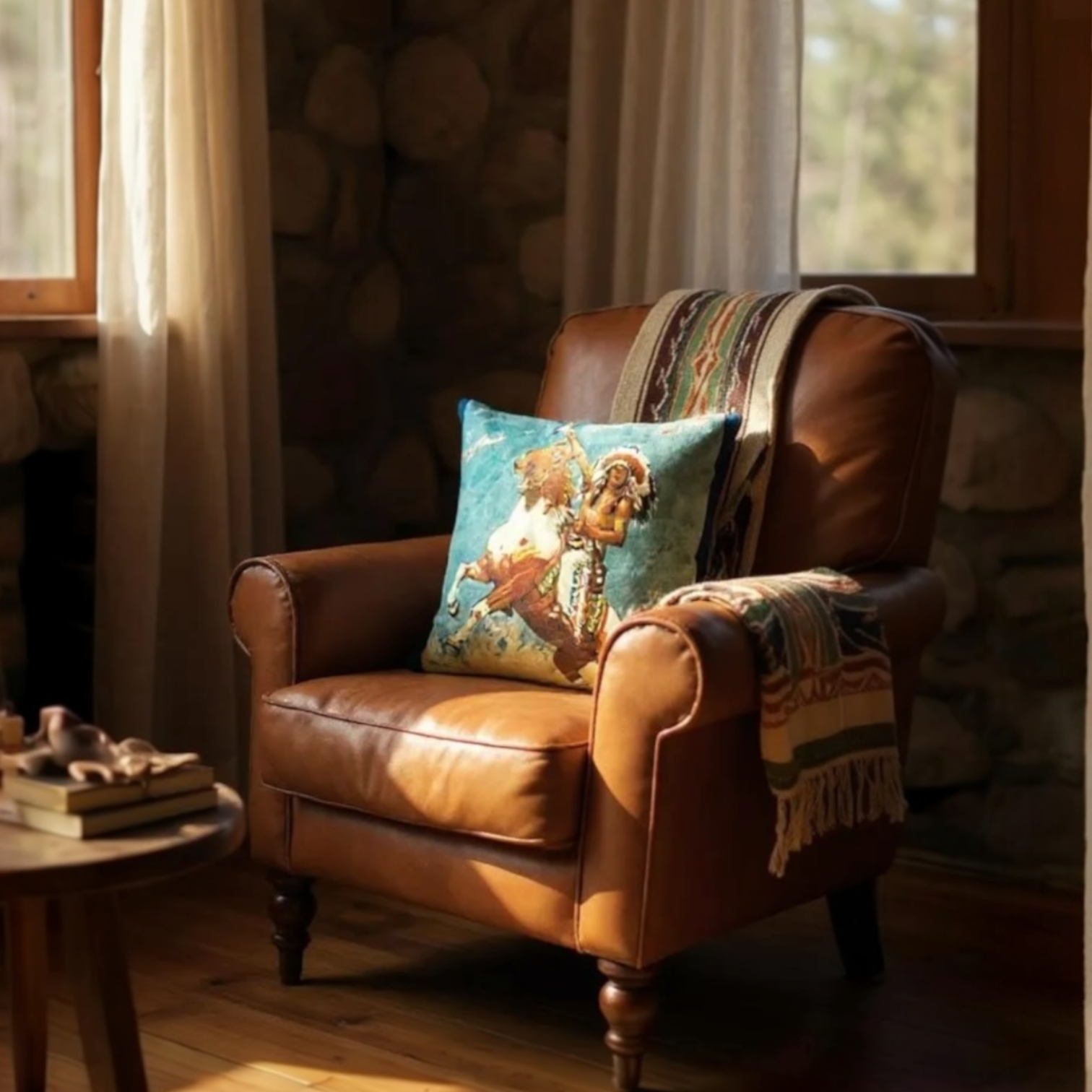 Mounted Native American Multicoloured Novelty Cushion, Reversible - 35x35cm