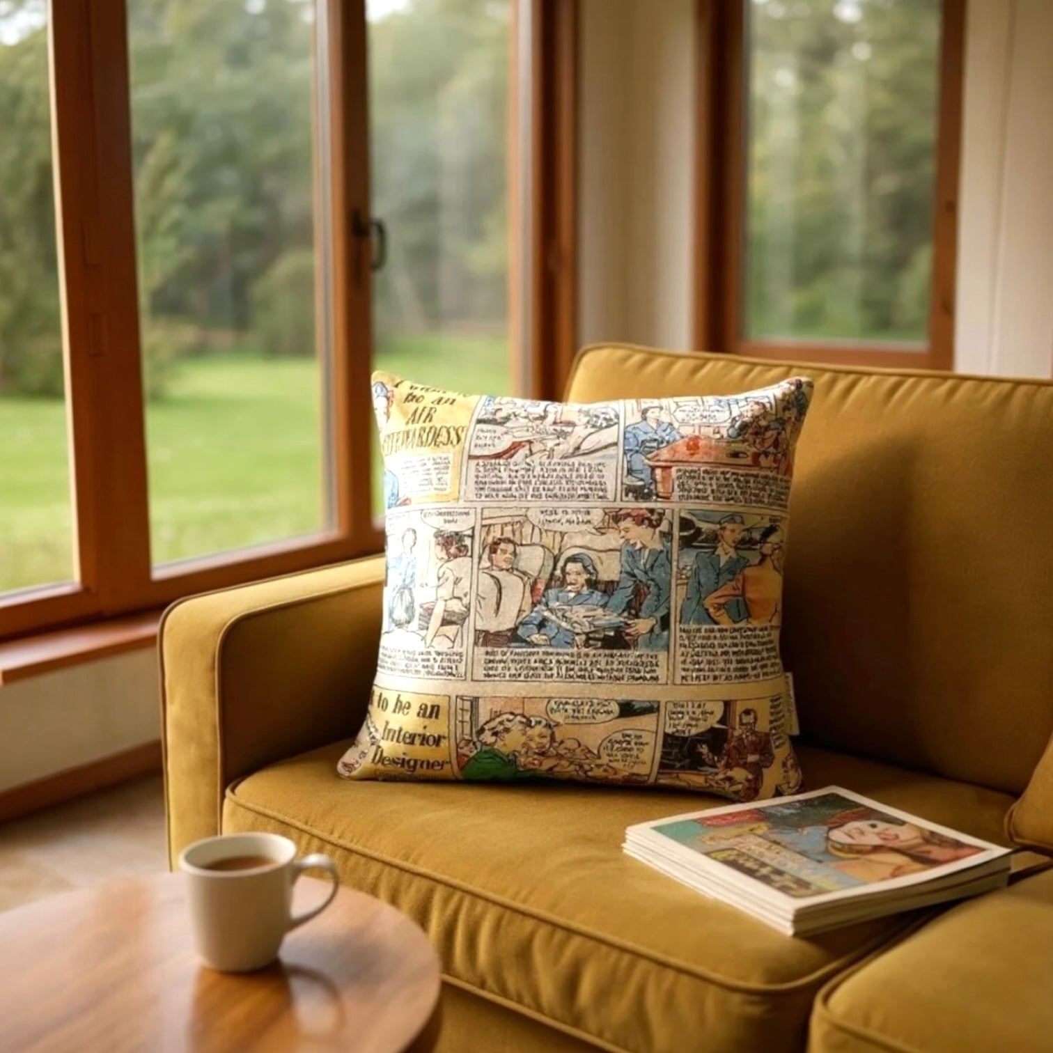 Andrew Martin comic print cushion reversible with grey velvet backing, 40x40cm, sustainable home décor.