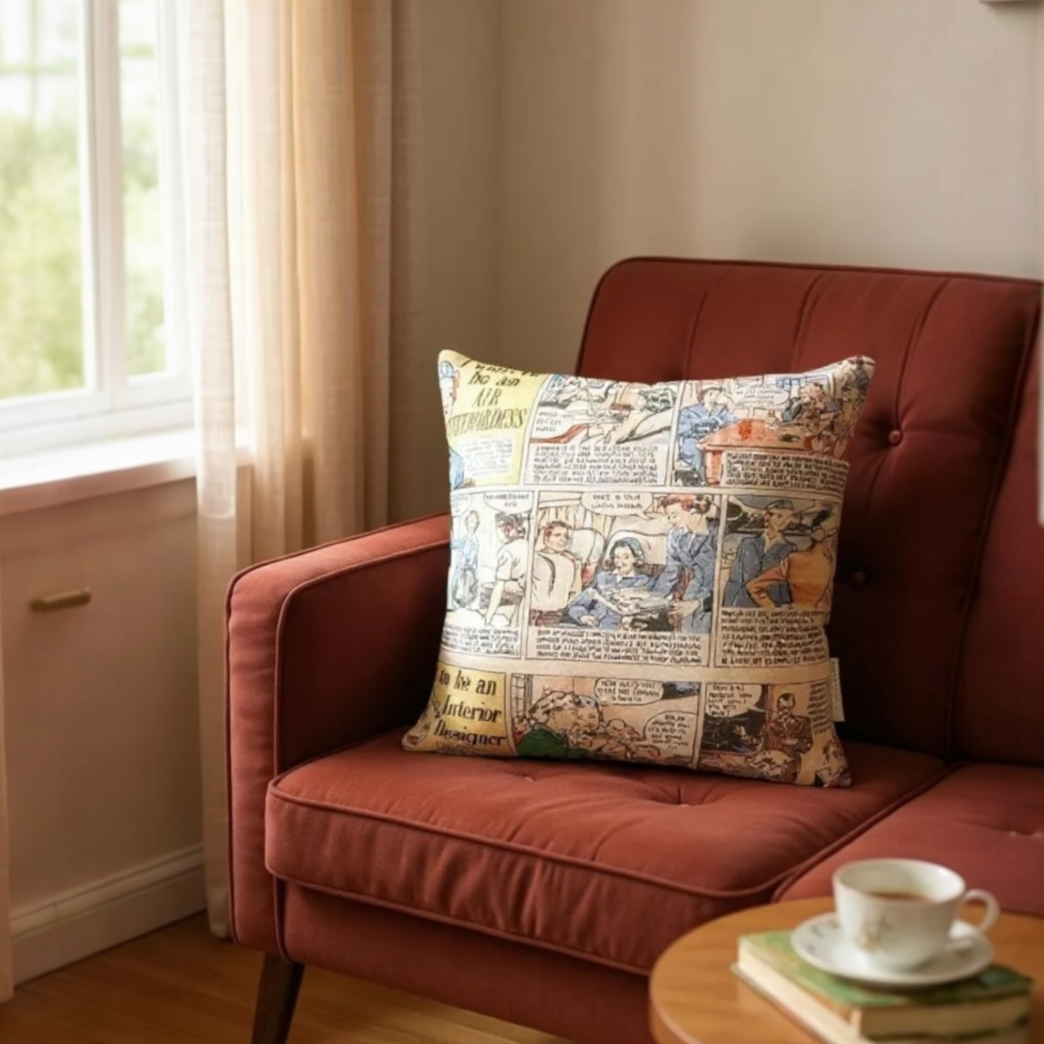 Andrew Martin comic print cushion reversible with grey velvet backing, 40x40cm, sustainable home décor.