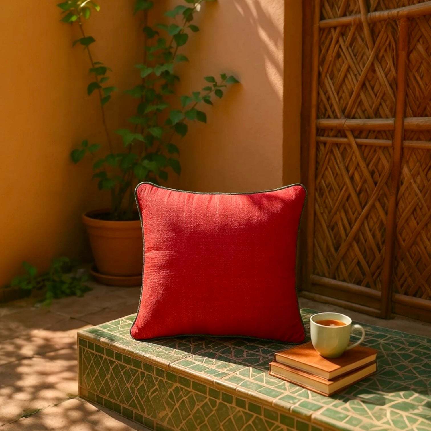 Textured Red Cushion Cover with Green Piping - 40x40cm