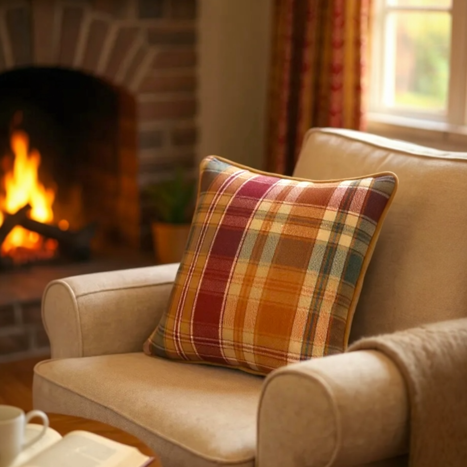 Checked Multicoloured Herringbone Linen Cushion, Reversible - 40x40cm