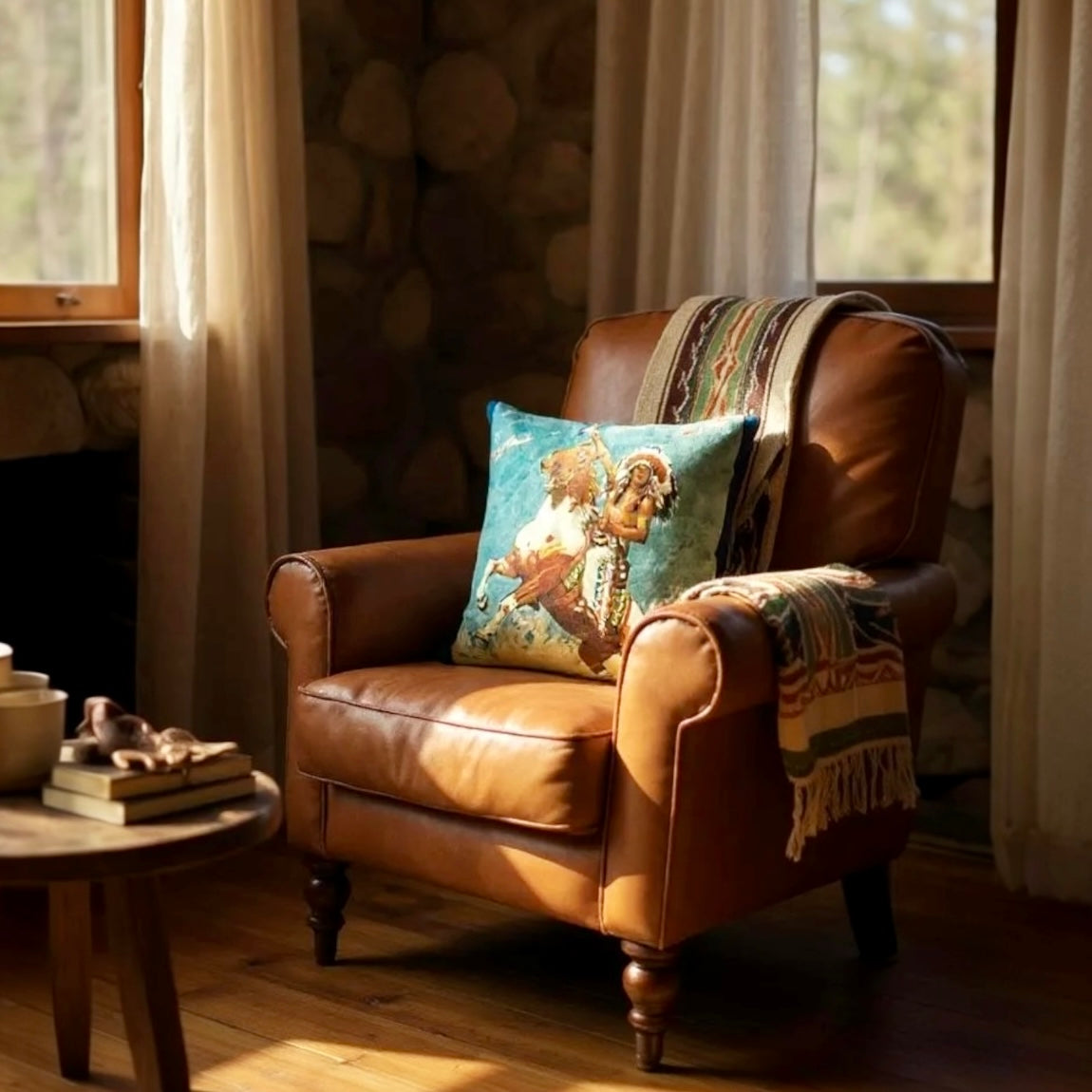 Mounted Native American Multicoloured Novelty Cushion, Reversible - 35x35cm