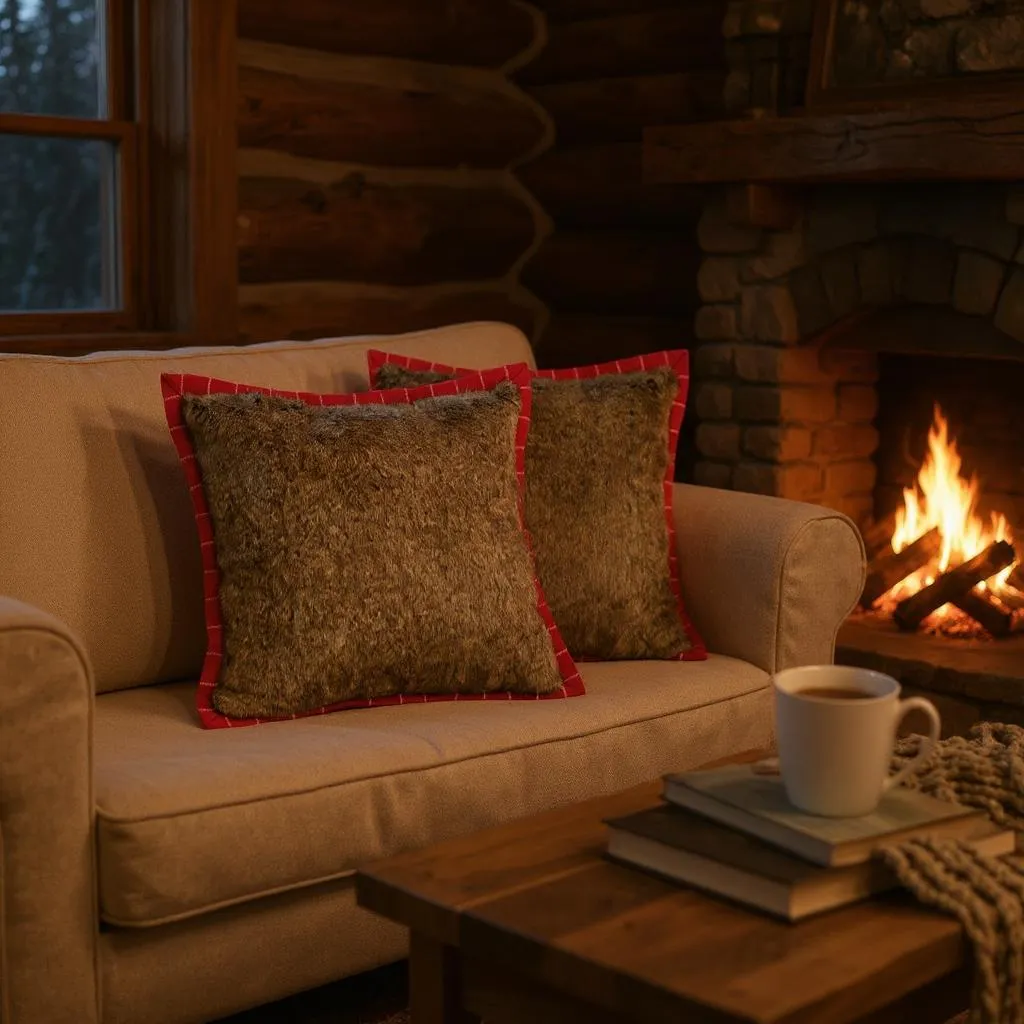 Brown Faux Fur Cushion Cover backed & Framed with Checked Red Wool, Reversible - 40x40cm