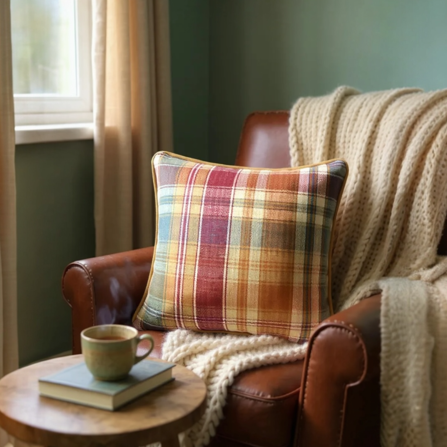 Checked Multicoloured Herringbone Linen Cushion, Reversible - 40x40cm