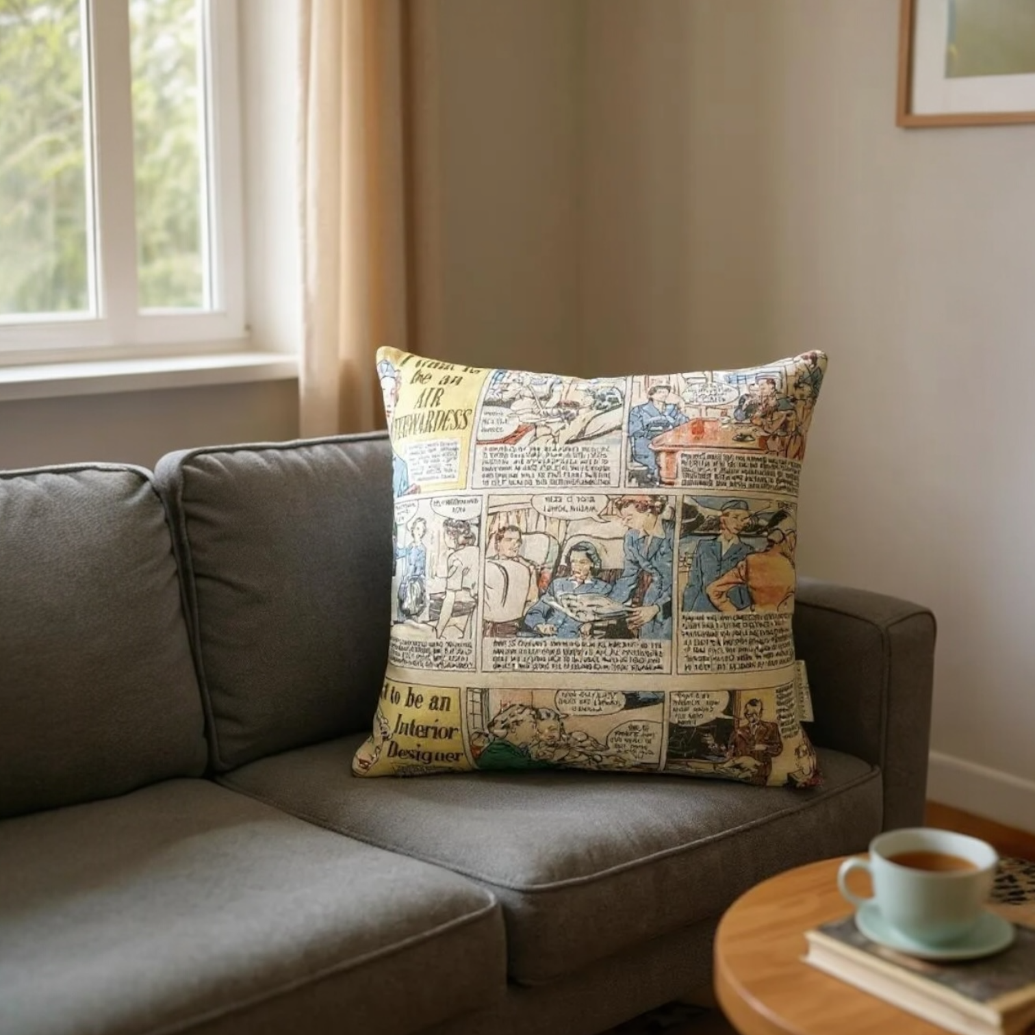 Andrew Martin comic print cushion reversible with grey velvet backing, 40x40cm, sustainable home décor.