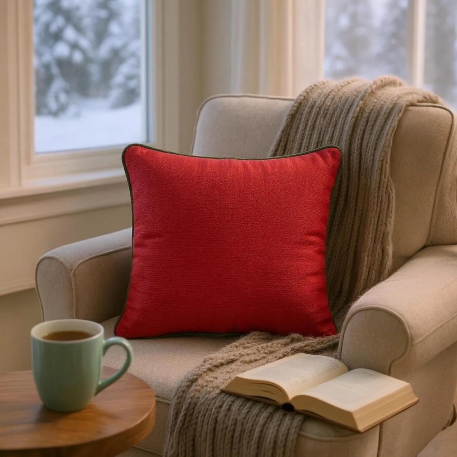 Textured Red Cushion Cover with Green Piping - 40x40cm