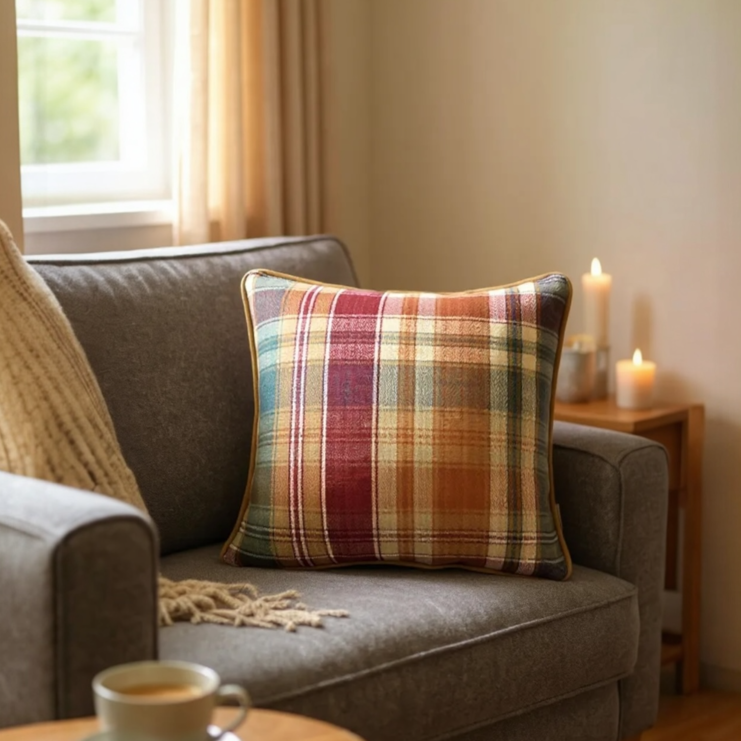 Checked Multicoloured Herringbone Linen Cushion, Reversible - 40x40cm