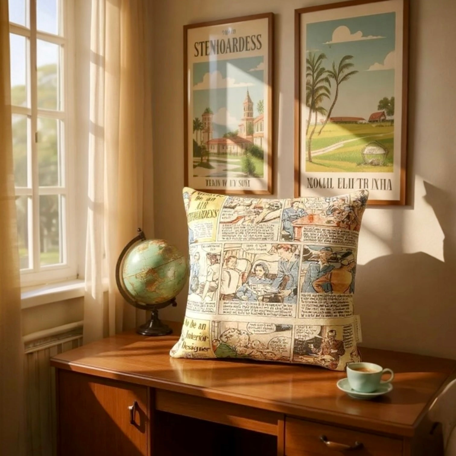 Andrew Martin comic print cushion reversible with grey velvet backing, 40x40cm, sustainable home décor.