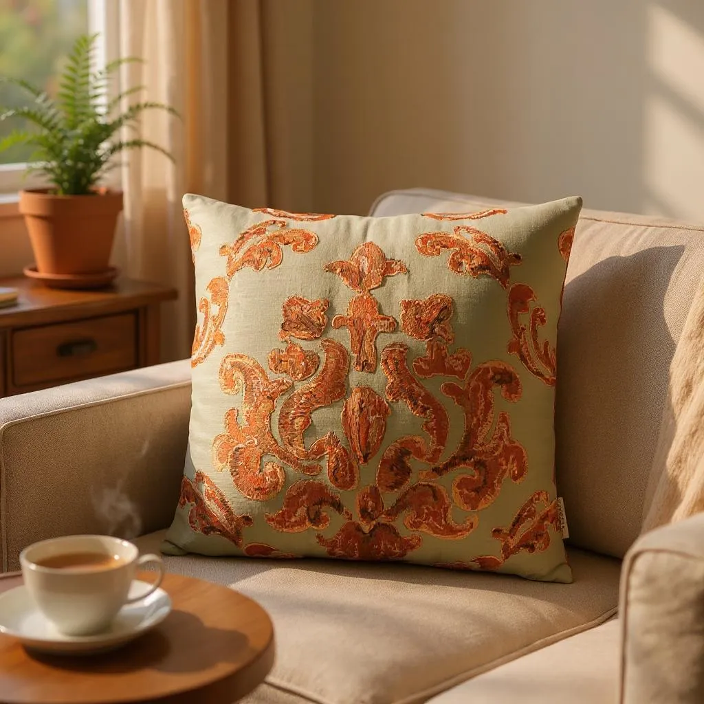 Grey & Orange Embroidered Paisley Silk Cushion, Reversible, 40x40cm