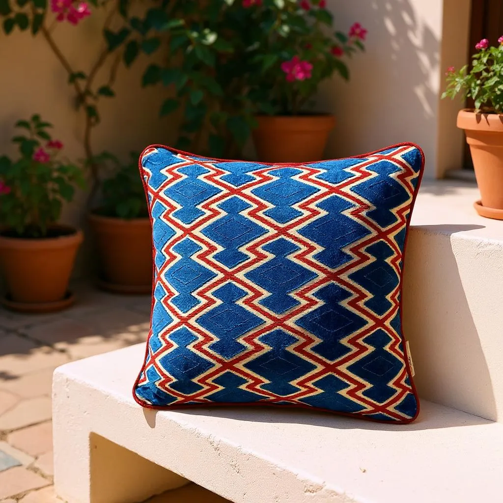 Textured Red & Blue Kilim Motif Cushion - 40x40cm
