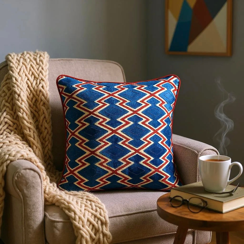 Textured Red & Blue Kilim Motif Cushion - 40x40cm