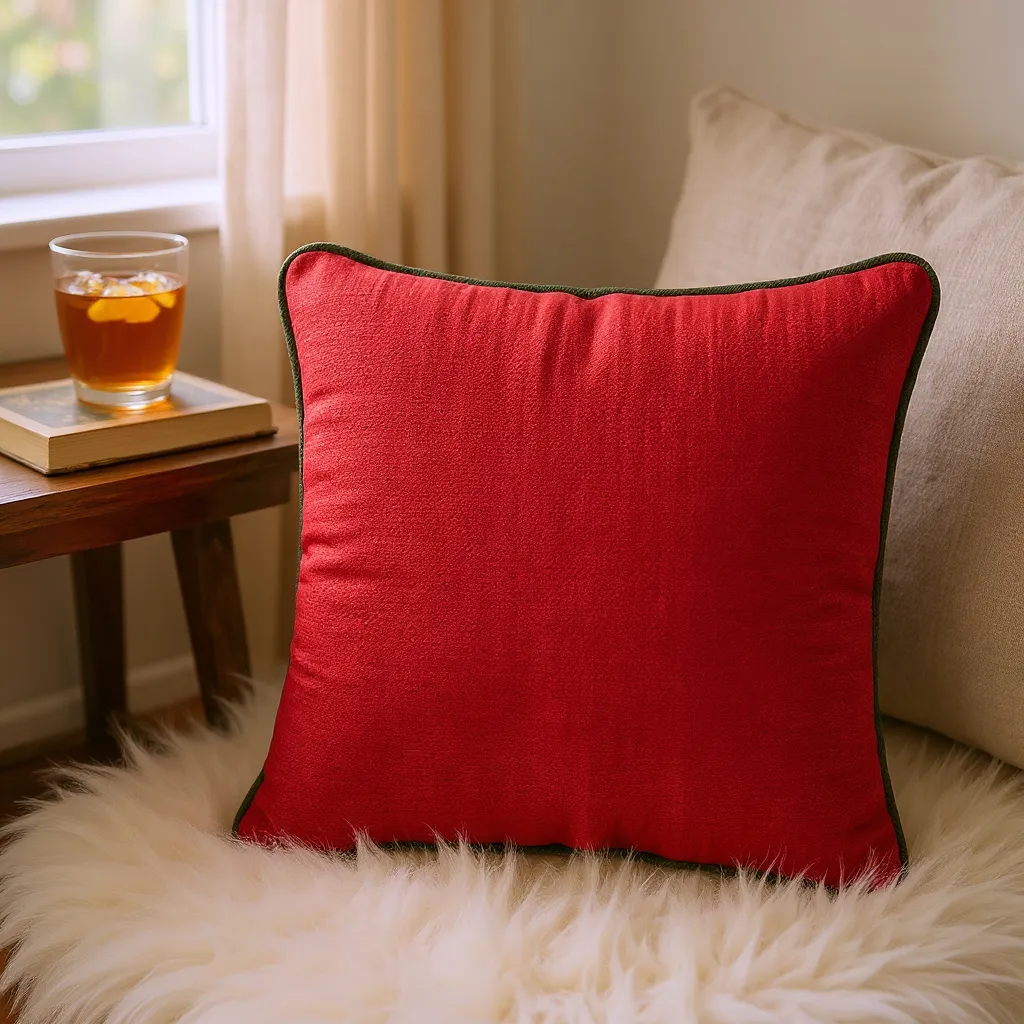 Textured Red Cushion Cover with Green Piping - 40x40cm