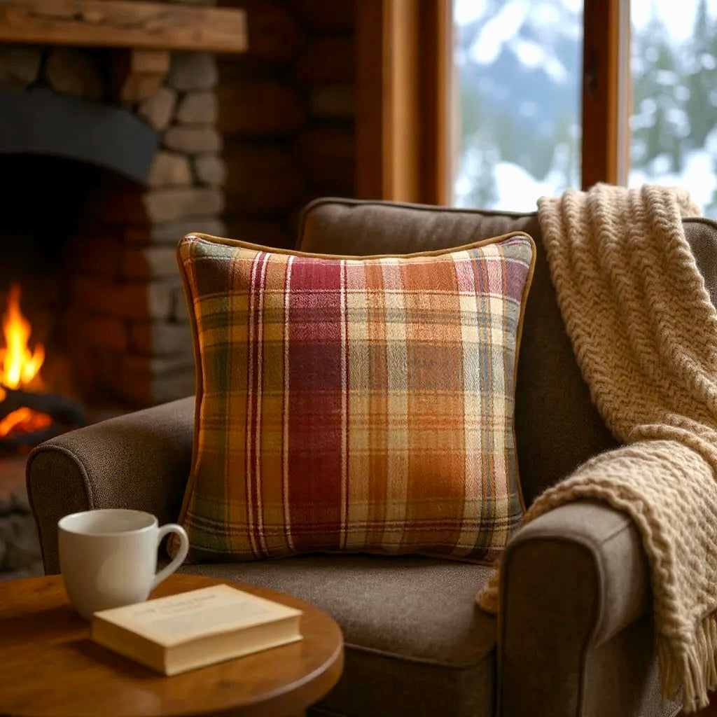 Checked Multicoloured Herringbone Linen Cushion, Reversible - 40x40cm