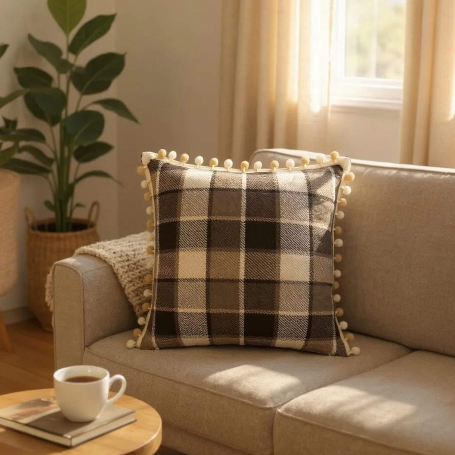 Brown & Cream Check with Pom Pom Trim Cushion, Reversible - 50x50cm