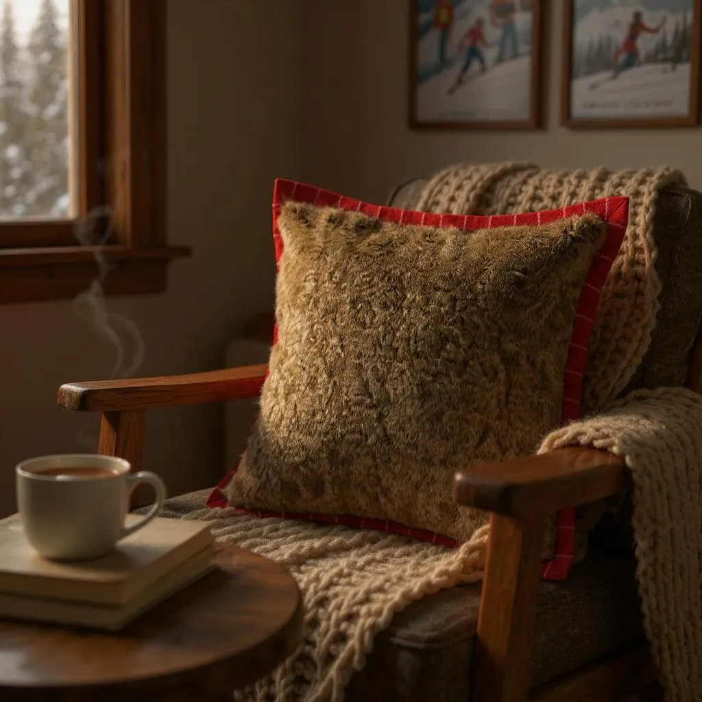 Brown Faux Fur Cushion Cover backed & Framed with Checked Red Wool, Reversible - 40x40cm