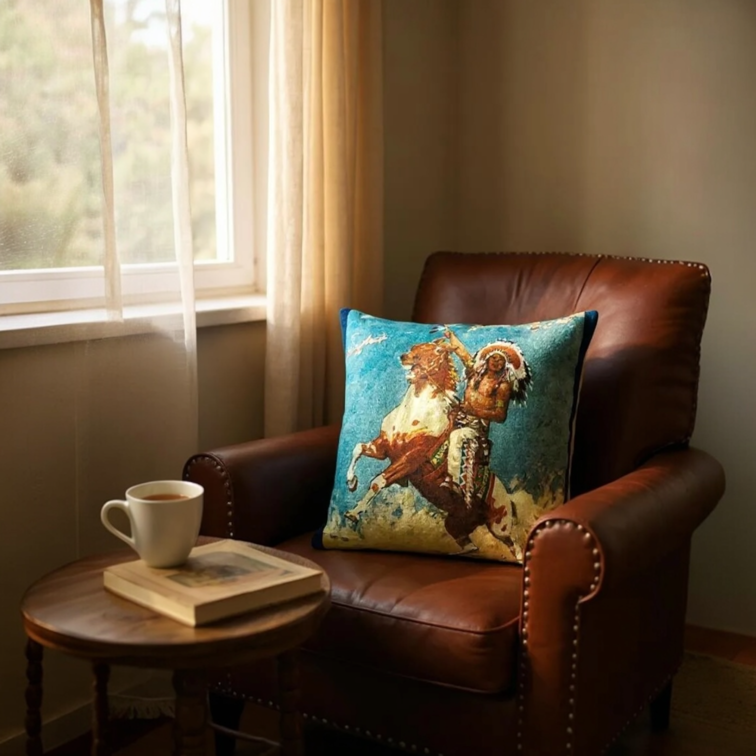 Mounted Native American Multicoloured Novelty Cushion, Reversible - 35x35cm