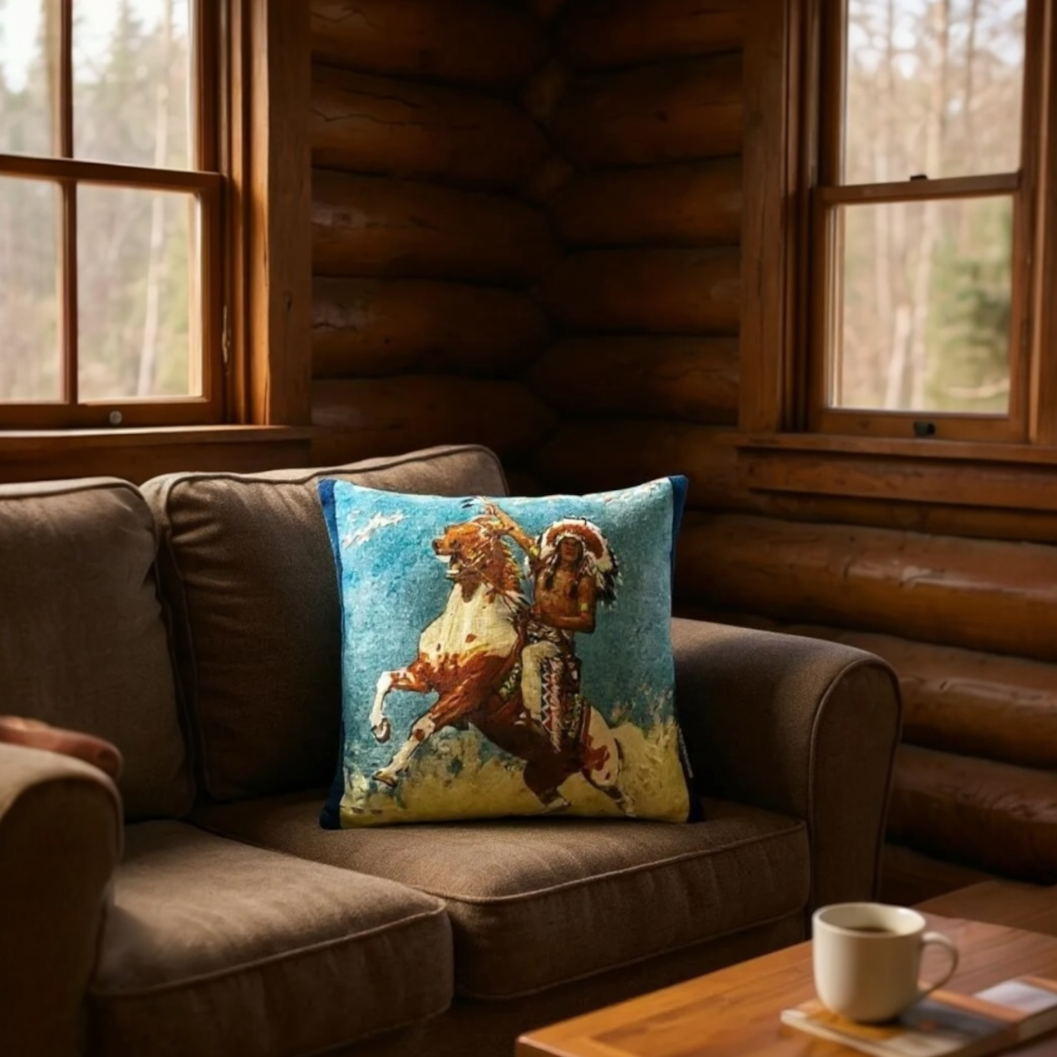 Mounted Native American Multicoloured Novelty Cushion, Reversible - 35x35cm