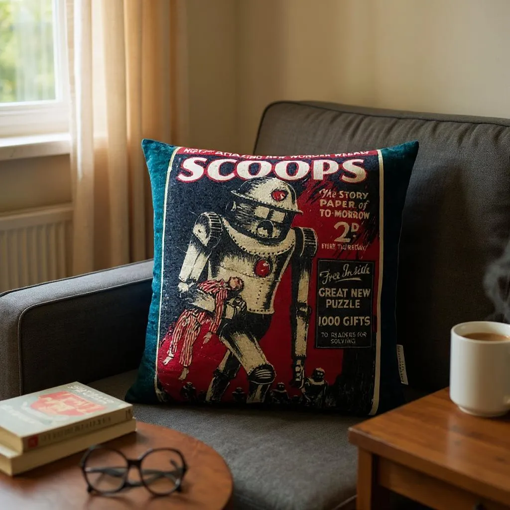 Navy Blue & Red Novelty Robot Print Cushion, Reversible - 40x40cm