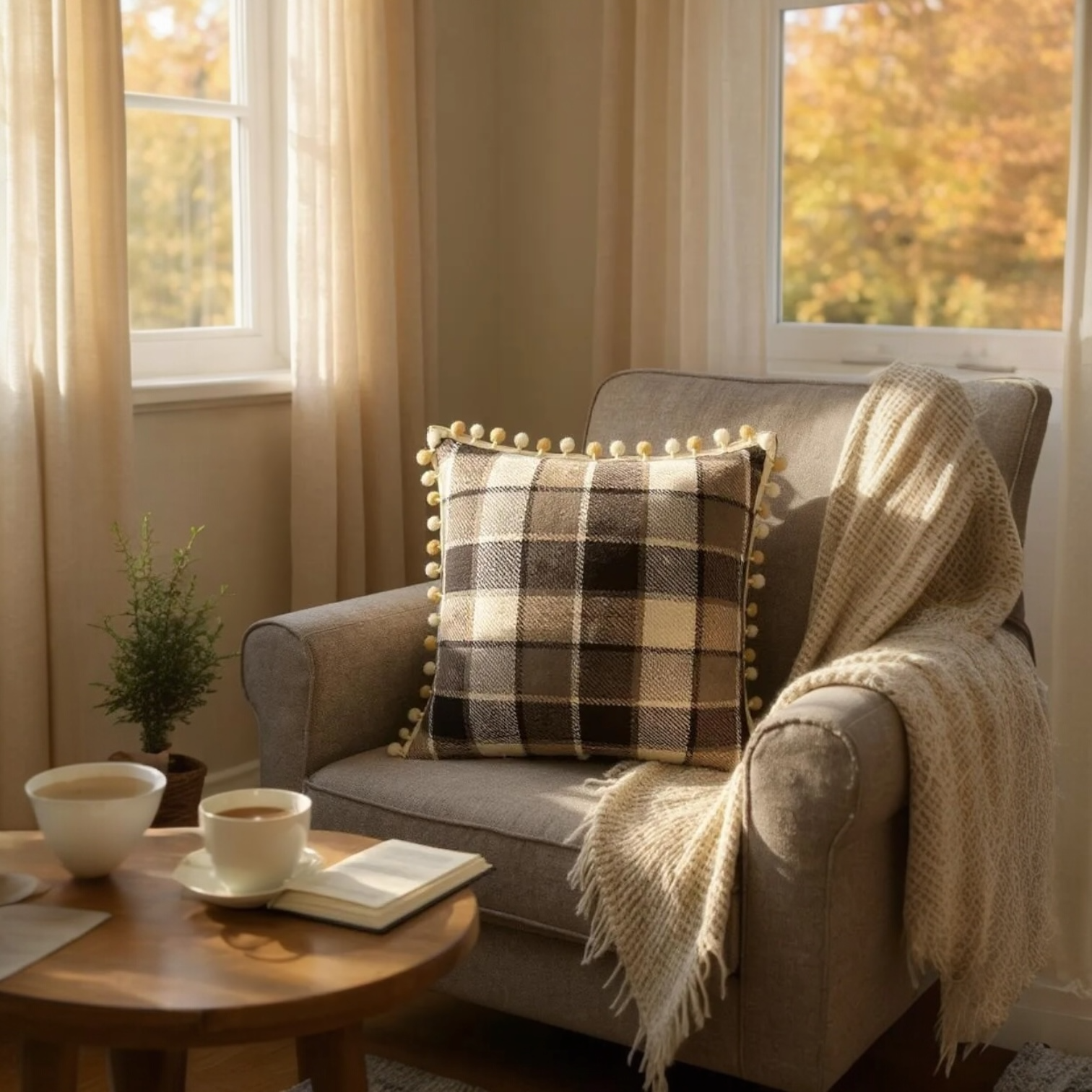 Brown & Cream Check with Pom Pom Trim Cushion, Reversible - 50x50cm