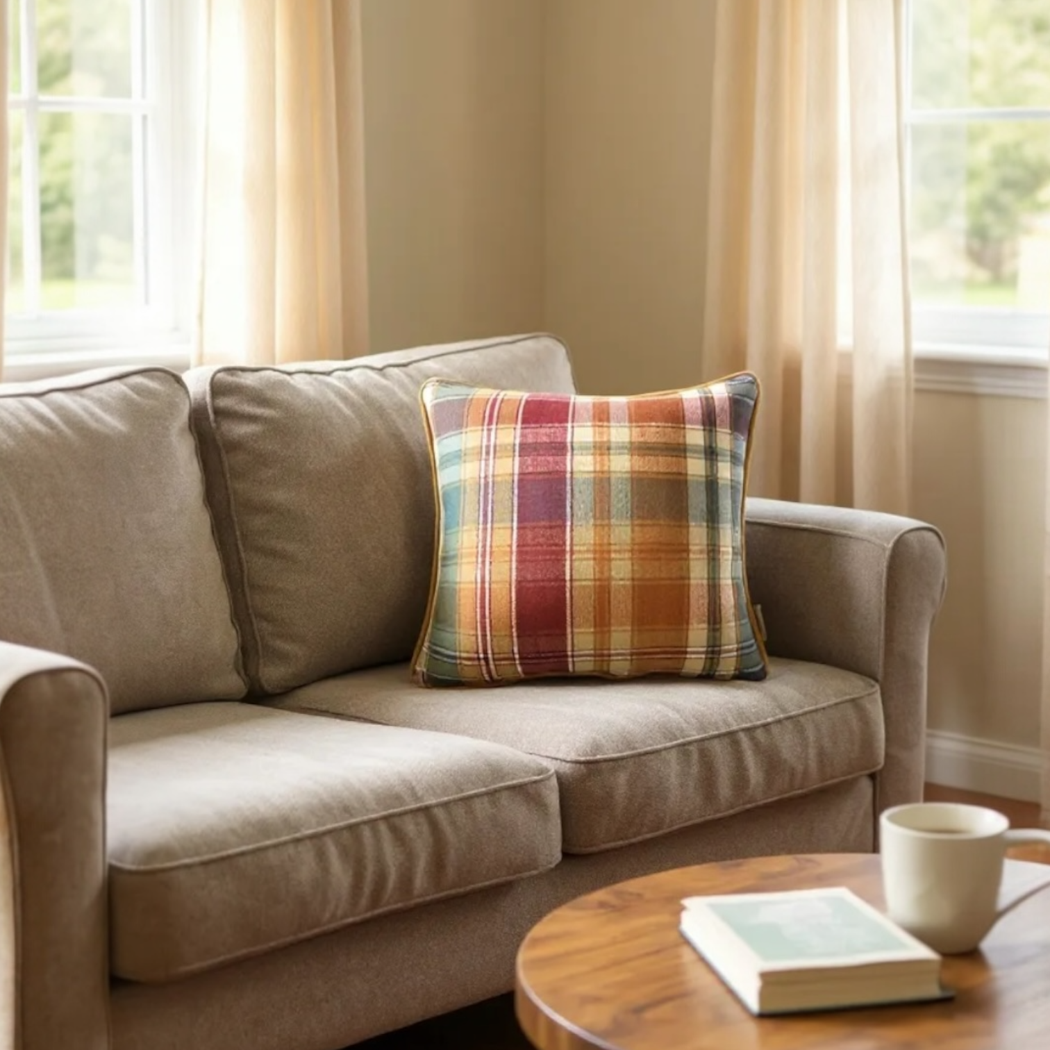 Checked Multicoloured Herringbone Linen Cushion, Reversible - 40x40cm