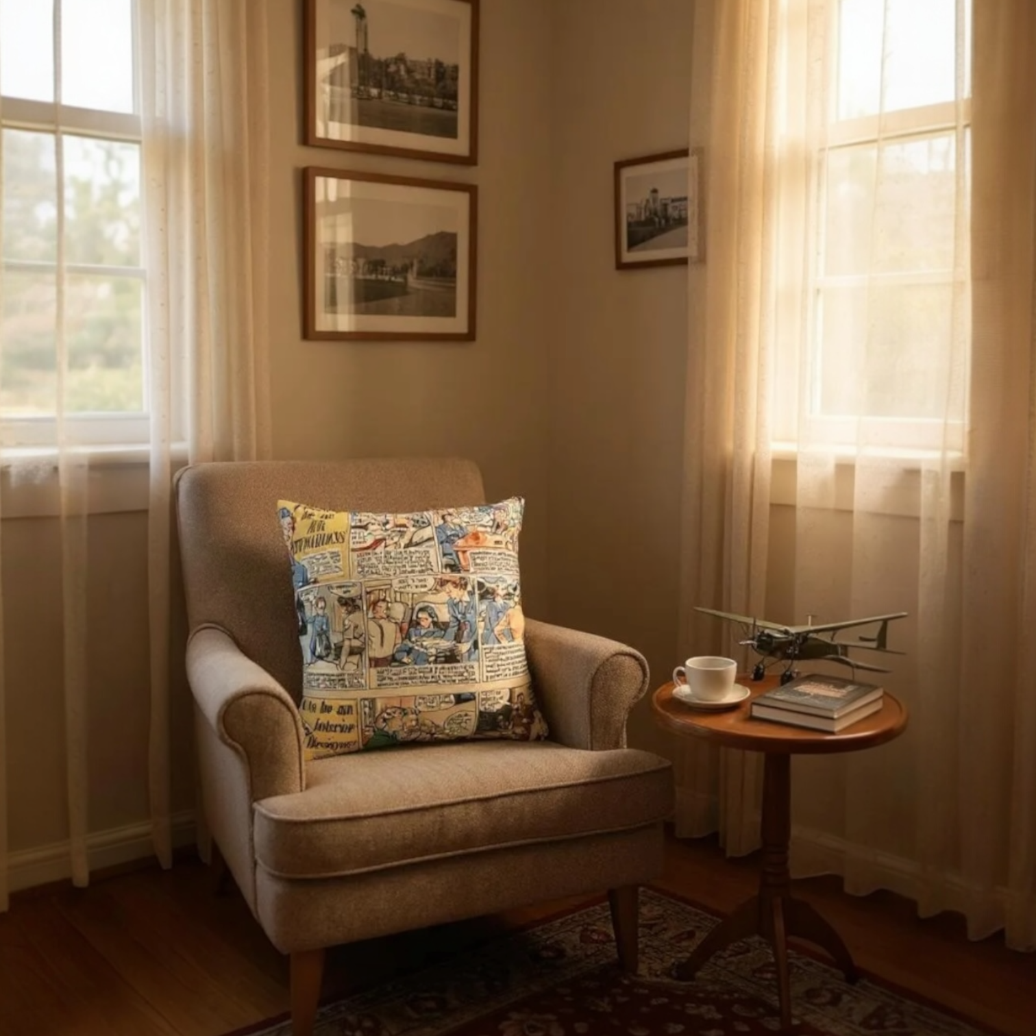 Andrew Martin comic print cushion reversible with grey velvet backing, 40x40cm, sustainable home décor.