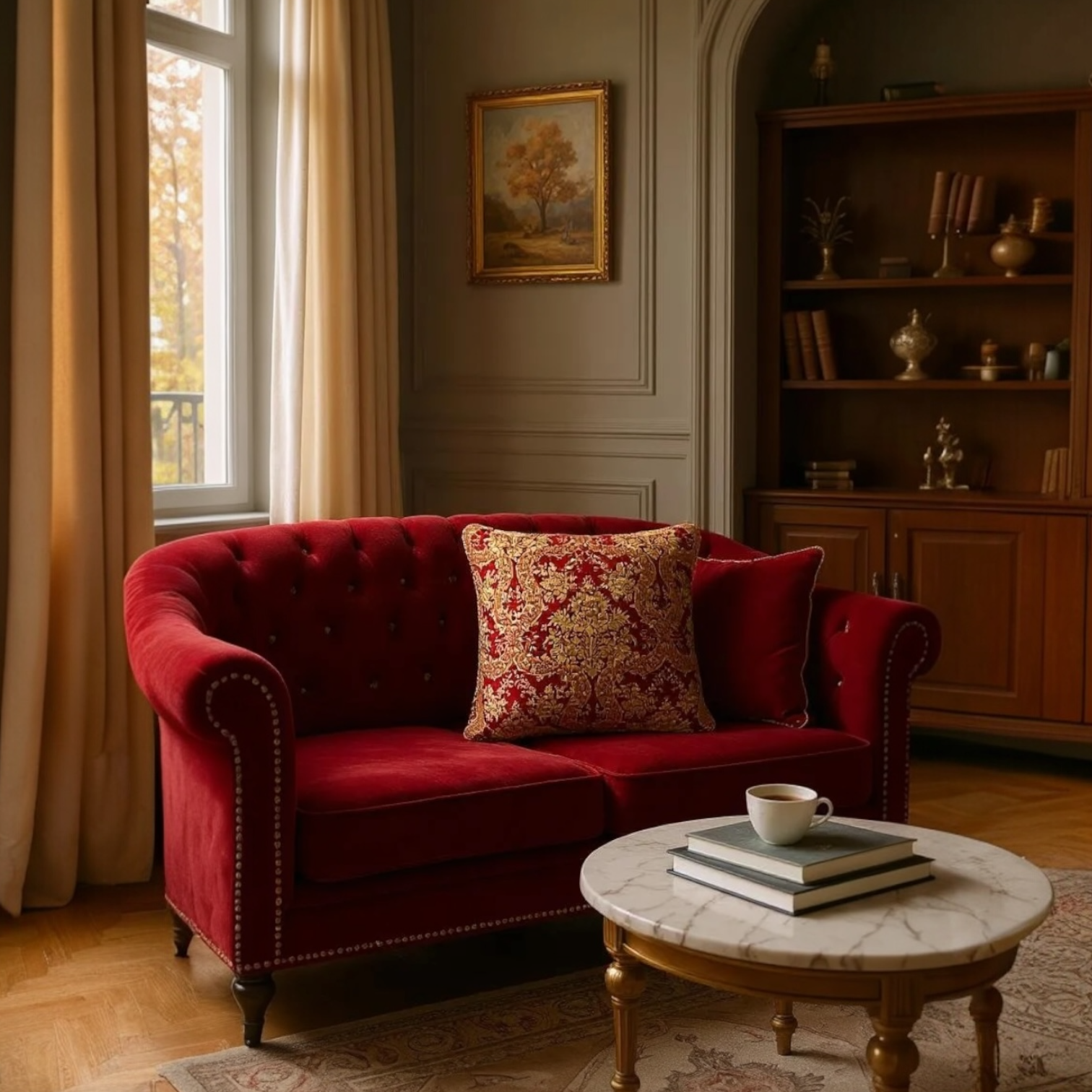 Luxurious jacquard woven cushion cover in red with gold paisley and gold twisted piping, 45x45cm.