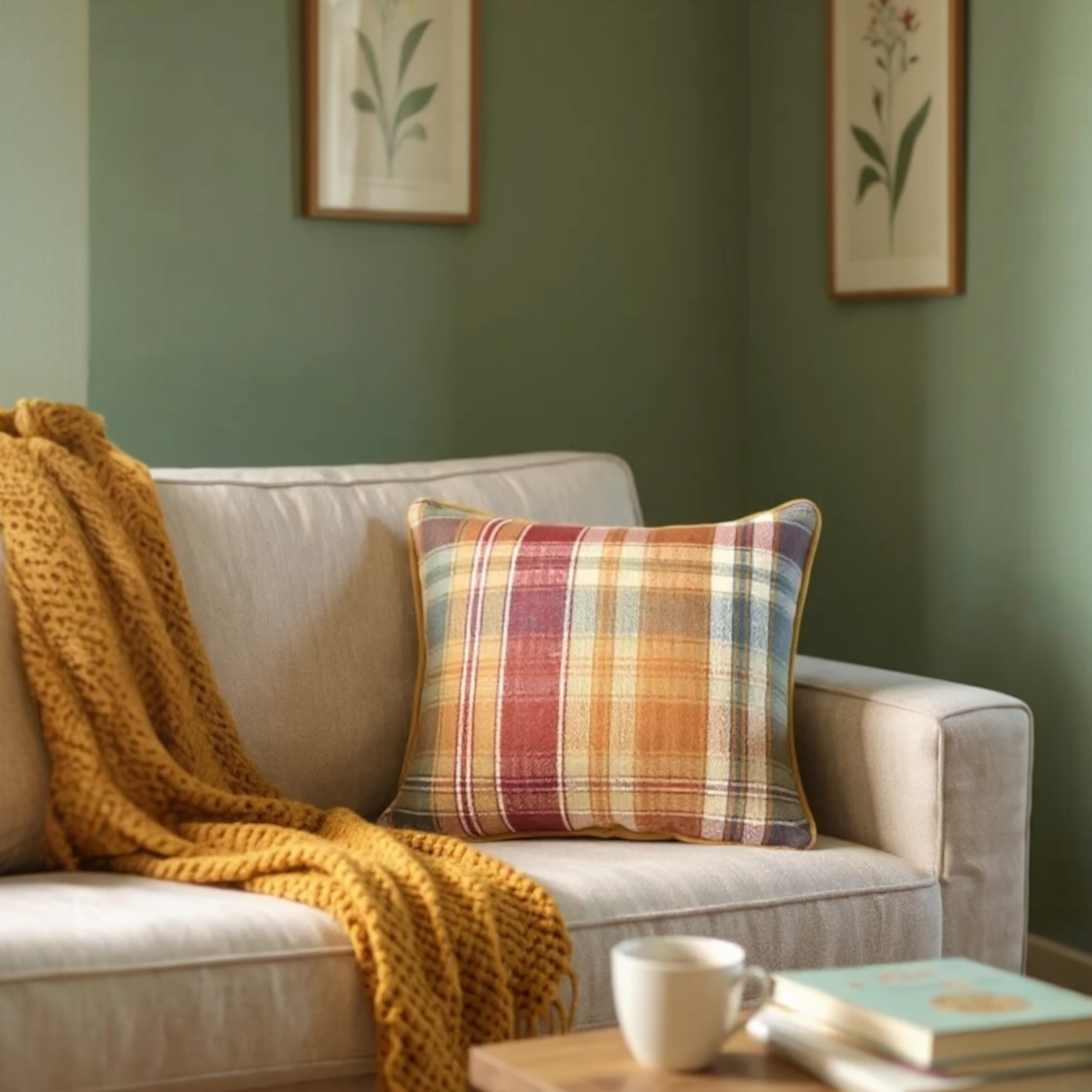 Checked Multicoloured Herringbone Linen Cushion, Reversible - 40x40cm