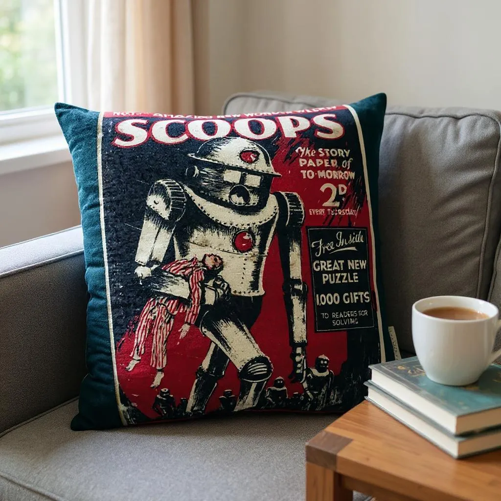 Navy Blue & Red Novelty Robot Print Cushion, Reversible - 40x40cm