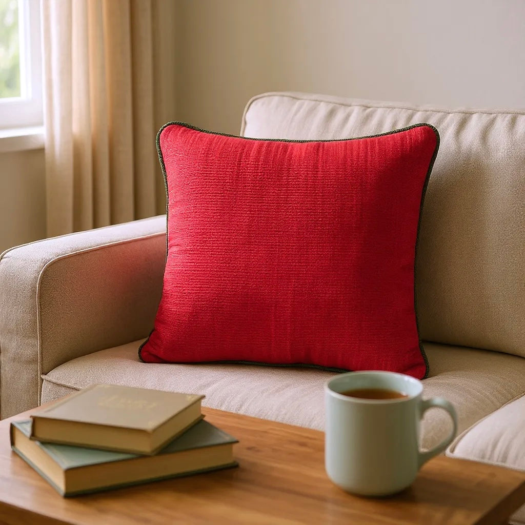 Textured Red Cushion Cover with Green Piping - 40x40cm