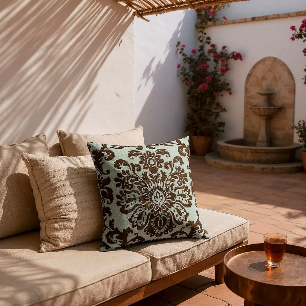 Brown Velvet Paisley Motif on Shot Green/Brown Silk Base Cushion - 50x50cm