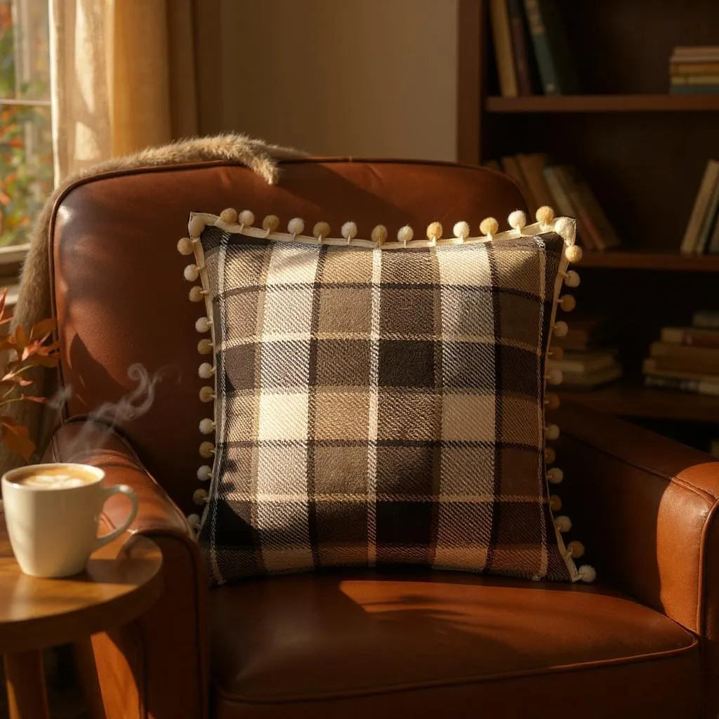 Brown & Cream Check with Pom Pom Trim Cushion, Reversible - 50x50cm