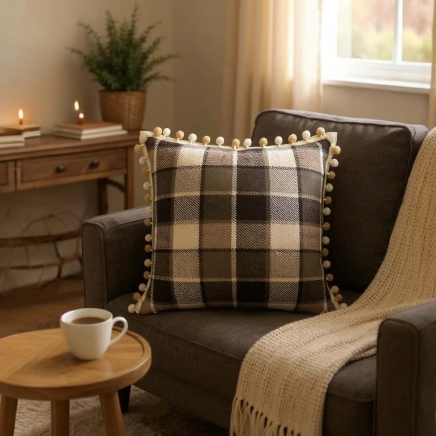 Brown & Cream Check with Pom Pom Trim Cushion, Reversible - 50x50cm