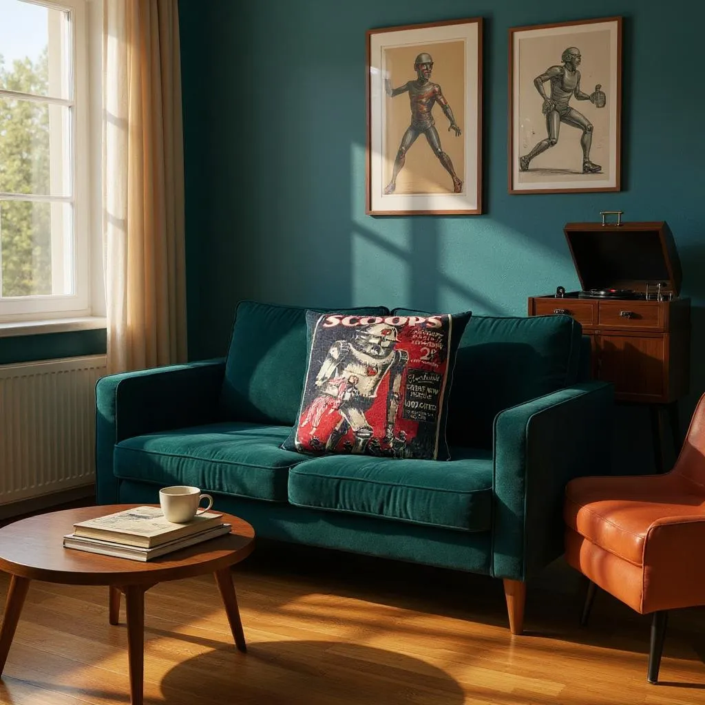 Navy Blue & Red Novelty Robot Print Cushion, Reversible - 40x40cm