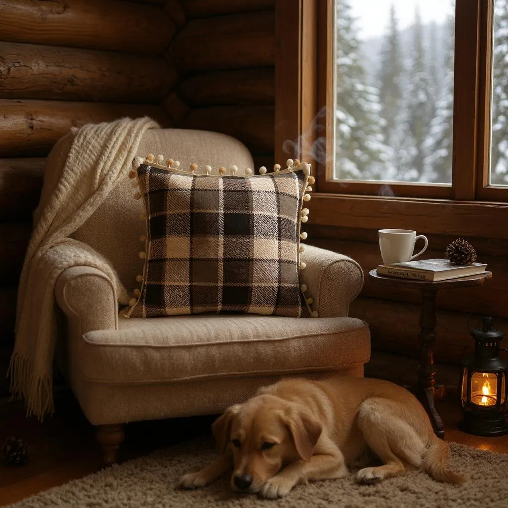 Brown & Cream Check with Pom Pom Trim Cushion, Reversible - 50x50cm