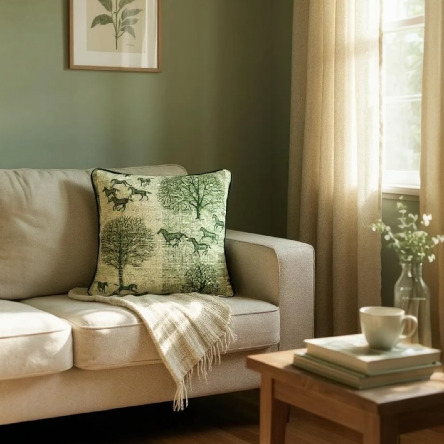 Striped Green Tree & Horse Print Cushion, Reversible - 40x40cm