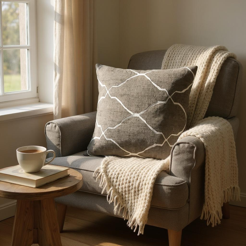 Grey & White Velvet Kilim Style Cushion, Reversible - 50x50cm