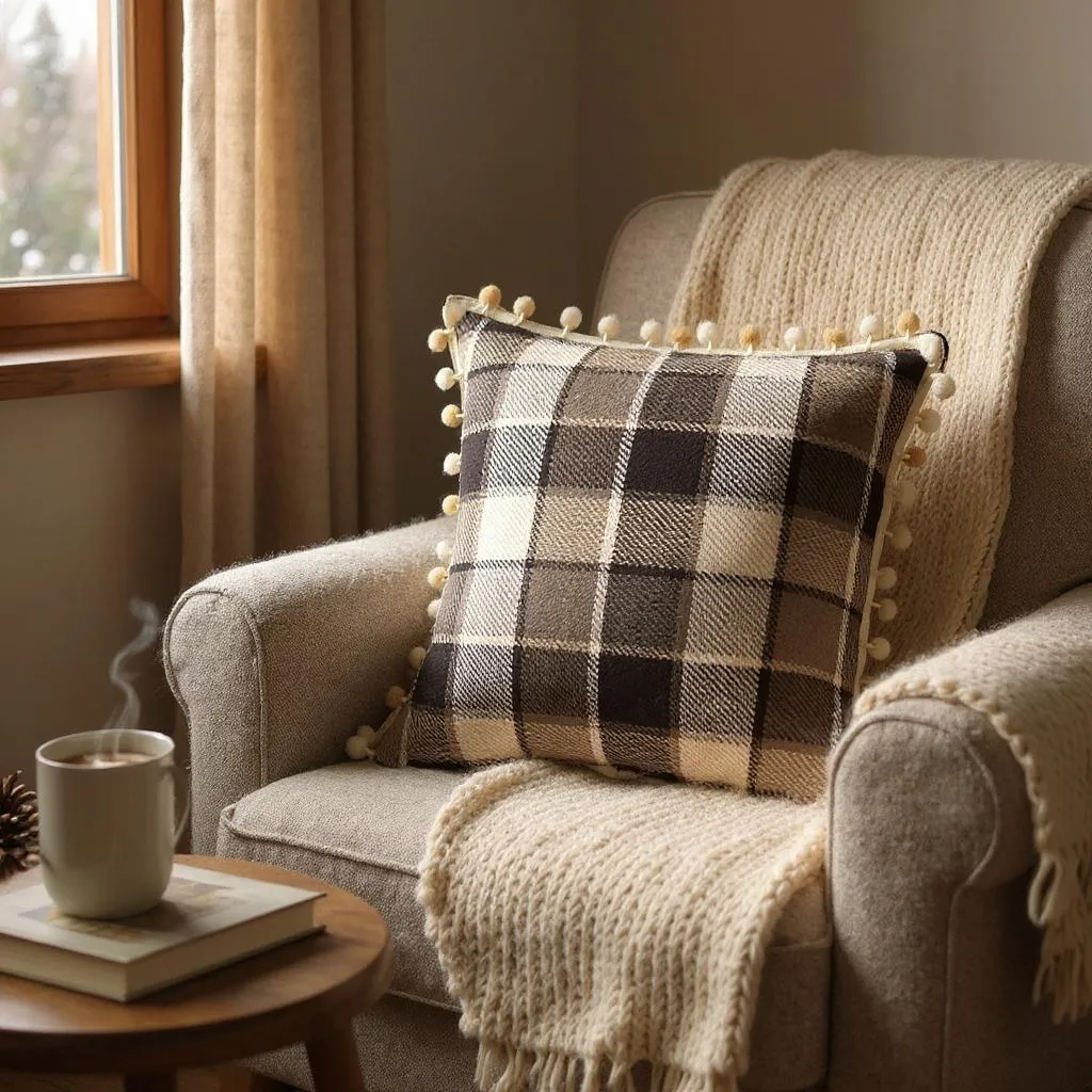 Brown & Cream Check with Pom Pom Trim Cushion, Reversible - 50x50cm