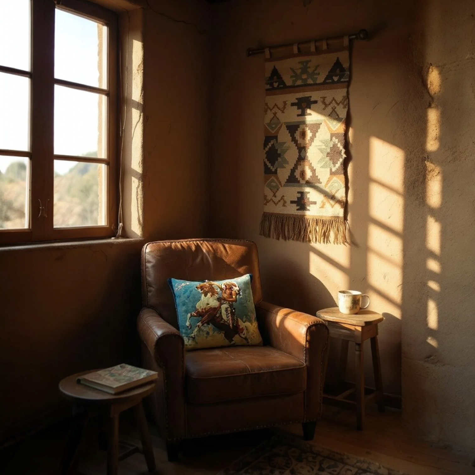 Mounted Native American Multicoloured Novelty Cushion, Reversible - 35x35cm