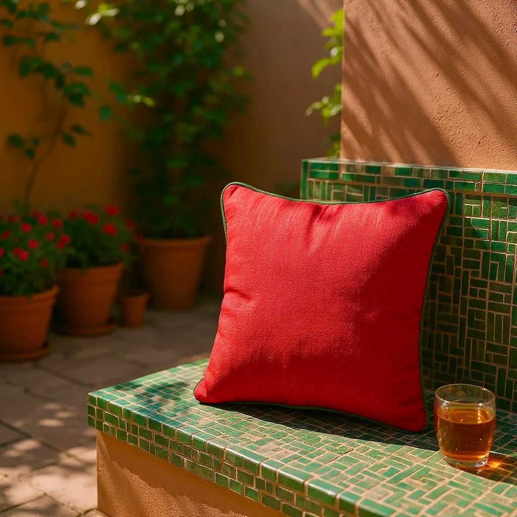 Textured Red Cushion Cover with Green Piping - 40x40cm